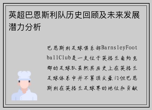 英超巴恩斯利队历史回顾及未来发展潜力分析 英超巴恩斯利队历史回顾及未来发展潜力分析